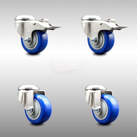 Service Caster 3.5 Inch 316SS Blue Polyurethane Swivel Bolt Hole Caster Set with 2 Lock Brake SCC-SS316BHTTL20S3514-PPUB-BLUE-2-S2